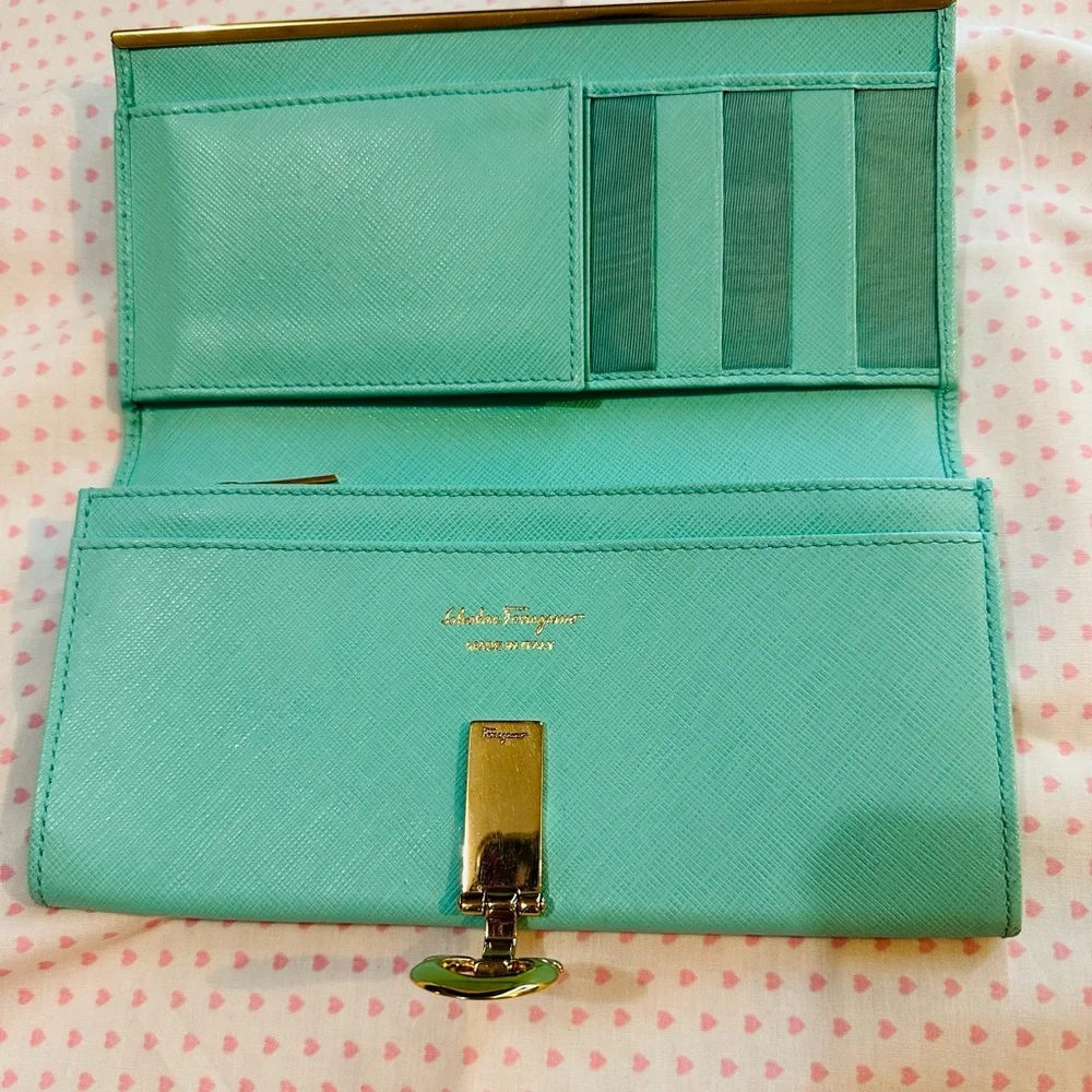 Salvatore Ferragamo Turquoise Wallet with Gold Detail - Picture 7 of 14